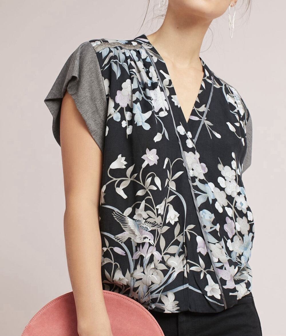 Anthropologie TINY Cara Wrap Floral Bird Print V-Neck Blouse Top Women's XS EUC